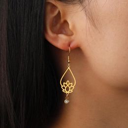 Dangle Earrings Cazador Stainless Steel Vintage Lotus Flower Rhinestone Women's 2023 Gold Color Drop Jewelry Gift