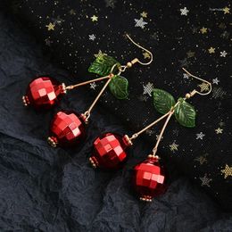 Dangle Earrings 3D Red Cherry Fruit Drop Crystal Green Leaf Funny For Women Girls Tassel Aesthetic Jewellery