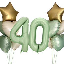 Decoration Green Number Balloon with Vintage Beige Heart Balloons Set for Adult 30 Happy Birthday Decor Kids Gifts