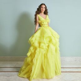 Stunning Yellow Ruffles Tiered Evening Dresses Beaded Feather Prom Gown V Neck Layered Tulle Robe De Marrige 326 326