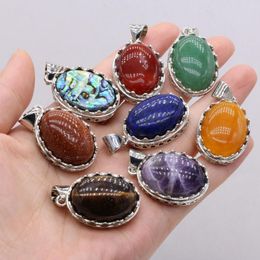 Pendant Necklaces Natural Shell Rose Quartz Tiger Eye Stone Opal Egg Shaped Alloy Charms For Jewelry Making DIY Necklace Accessories 1PC