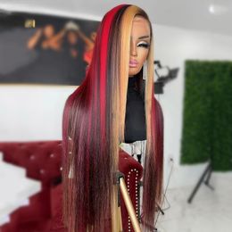 Highlight Red Blonde Coloured Straight Body Wave Glueless Wig Pre-Plucked 13x4 Lace Frontal Human Hair Wig Synthetic For Women