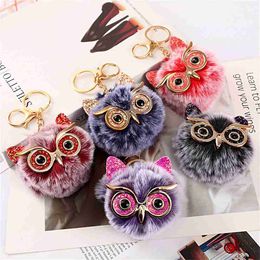 Keychains Lanyards Gold Pink Sequin Big Eye Owl Key Chain Hair Ball Pendant Accessories Imitation Rex Rabbit Wool Lady Bag Key Ring Gift