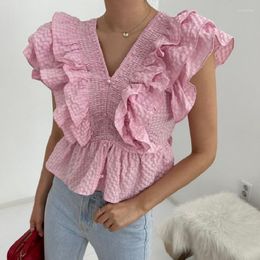 Women's Blouses Clothland Women Sweet Ruffled Blouse V Neck Sleeveless Shirt Pink White Black Summer Outwear Tops Blusa WA184