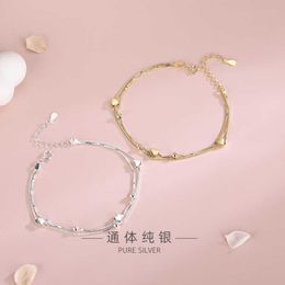 S925 Sterling Silver Japanese and Korean Style Round Bead Double-layer Love Bracelet Small Fresh Literary Artistic Simple Heart-shaped Bracelet