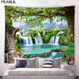 Tapestries 3D Waterfall Tapestry Wall Hanging Natural Landscape Chinese Style Tapestries Flowers Hippie Living Room Wall Cloth R230812