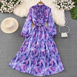 Casual Dresses 2023 Autumn Chiffon Women Dress Flower Print Belt Maxi Fashion Long Beach Birthday Evening Vestidos O Neck Gala