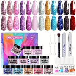 Nail Powder Dip Kit -12 Colours Glitter Pink Purple Blue Dipping Powder With 4 Liquids Base Top Coat Activator Nail Brusher Dip Nails Starter System Set