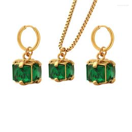 Necklace Earrings Set Dainty Cube Emerald Earring Trendy Elegant Gold Plated Green Crystal Hoop And Pendant Jewelry