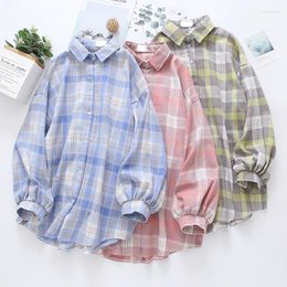 Women's Blouses Cute Long Plaid Shirts Fashion Autumn Puff Sleeve Oversize Loose Korean Designed Casual Button Up Ladies Tops