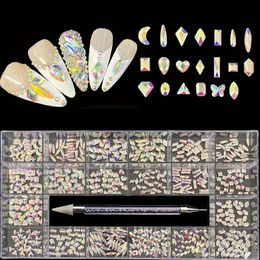 21 Grids,Multi Shapes Nail Art Rhinestones Kit,3D Nail Charms Glass Crystal Flatback Nail Gems With Double Head Point Drill Pen For Nail DIY Crafts