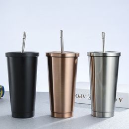 Mugs 500ml Stainless Steel Coffee Mug Thermo Mug with Lid Beer Mugs for Tea Cup Thermos Metal Cup Drink Straw Travel Cups 230811