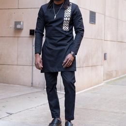 Men's Tracksuits 2023 Dashiki African Clothing For Men Long-sleeved Black Crew Neck Printed Pants Suit Fashion Party Business Wear Dress