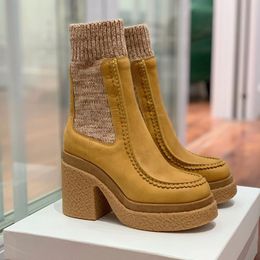 brown Leather tall platform Ankle Boots circular Toe block chunky heels booties 100mm Sock-Style Fashion Boots women luxury designer Runway shoes