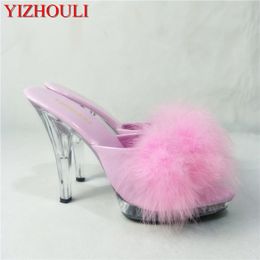 Slippers 5 Inch High Heels 13CM Stripper Shoes Plump Feathe Crystal Sexy Platform Women s 230812