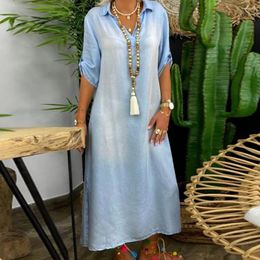 Casual Dresses Denim Dress Turn-Down Neck Half Sleeve Solid Colour Summer Leisure Loose Long Women Clothing