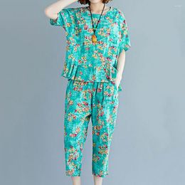 Women's Two Piece Pants 1 Set Simple Shirt Suit Elastic Waist Comfortable Casual Outfit Old Lady Flower Printing Blouse 2-piece