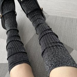 Women Socks 2023 Style Leg Stocking Solid Color Fashion Silver Thread Vertical Stripe Chic Girls Over Knee Shiny Stockings