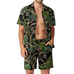 Men's Tracksuits Chain Print Men Sets Tropical Leaves Vintage Casual Shirt Set Short Sleeves Design Shorts Summer Vacation Suit Big Size