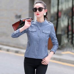 Women's Leather Faux Women Motor Jacket Spring Autumn Fashion Small Stand Collar Slim Sheepskin Short Coat Split Biker 230812