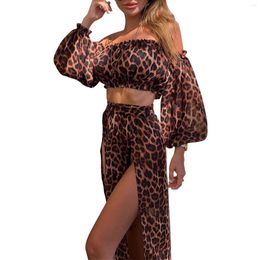 Women's Two Piece Pants Women Bikini Cover Ups Set Off Shoulder Long Sleeve Crop Tops Maxi Skirt Two-piece Suit For Beach Mesh Swimwear