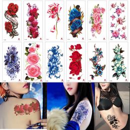 Temporary Tattoos 100pcs Wholesales Temporary Tattoos Sleeve Women Girl Beauty Body Arm Art Black Rose Flower Glitter Waterproof Tattoo Sticker 230811