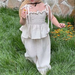 Clothing Sets Children Girls Summer Clothing Sets Kids Girl Organic Cotton Tie Tank Smocked Top Wide Leg Pants Trousers Outfits R230812