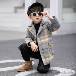 Jackets Boys Autumn Winter Woollen Long Coat Fashion Elegant Kids OverCoats Cotton Padded Thickening Warm Children Outfits Clothes R230812