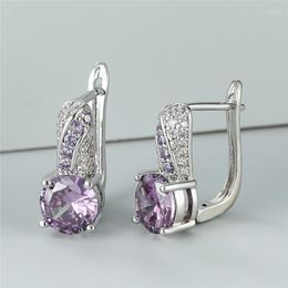 Hoop Earrings Purple Crystal Small Round Stone Boho Silver Colour Wedding Dainty Cute Birthstone For Women Gift