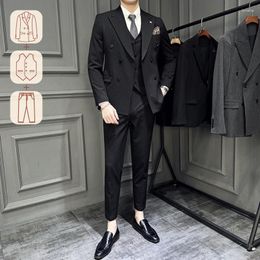 Men's Suits (Jacket Vest Pants) High-End Closure Collar Double-Breasted Suit Slim Fit Handsome Stripes Three-Piece