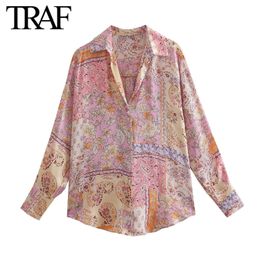 Women's Blouses Shirts TRAF Female Clothing Back Pleat Vintage Printed Silk Satin Shirt Plus Size Button Long Sleeve Blouses Chic Ladies Tops Mujer 230811