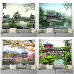 Tapestries Park natural landscape tapestry River pavilion Green plants Flowers Chinese style landscape decoration Home wall tapestry R230812