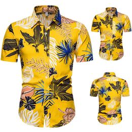2020 Summer Yellow Hawaiian Shirt Mens Leaf Print Short Sleeve Cotton Men Casual Slim Fit Shirts Chemise Homme camisa masculina312M