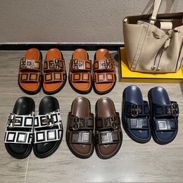 F Buckle Rutsche Vintage Mann echtes Leder Sandale Freizeitschuh mit Box Luxus Designer Slipper Frau Sandal Sommerschwimmschäfern im Freien Strand loafer flache Folien