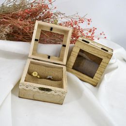 Gift Wrap Rustic Square Wooden Jewellery Ring Box Transparent Lid Couple Rings For Engagement Wedding Ceremony Proposal