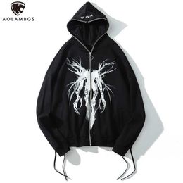 Aolamegs Punk Graphic Print Zipper Ribbon Hooded Hoodie Men Casual Black Cool Oversize Coat Fashion Sweatshirt Streetwear Autumn HKD230725