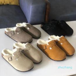 2023-Boston Shearling Sandals Fur Mule Slipper Designer Suede Leathe Slippers Wook Fur Cork Flat Slides Fashion