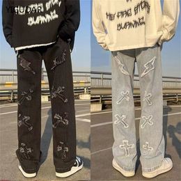 Men's Pants Denim Fashion Loose Wide Leg Jeans Casual Streetwear Printed Cross Trousers jeans Baggy Men 230812