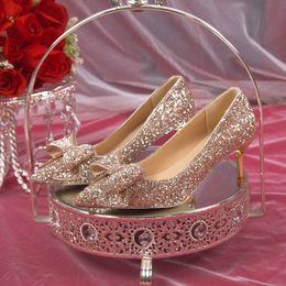 Dress Shoes Rimocy Bling Shiny Glitter Pump Slip-On Sweet Bowknot High Heels Shoes Woman Shining Thin Heels Wedding Party Shoes 230811