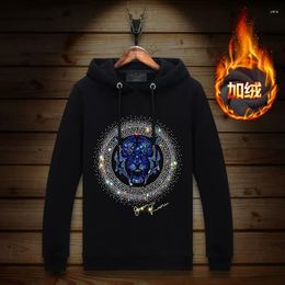 Men's Hoodies 2023 Men Hoodie Tiger Rhinestones Fashion Streetwear Pullover Belt Thick Hooded Mens Winter Clothes Sweat Capuche Homme