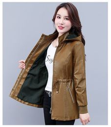 Womens Jackets Autumn Winter Leather Jacket Women Dismantle Hooded Coat Fleece Thicken PU Overcoat Female Drawstring Windbreakers 230811