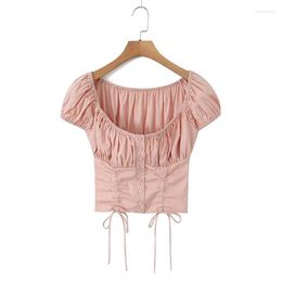 Women's Blouses YENKYE Summer Women Sexy Ruched Chest Square Neck Puff Sleeve Pink Shirt Vintage Front Drawstring Female Crop Top