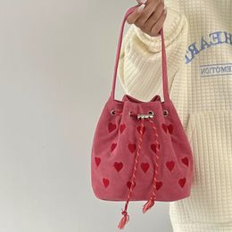 Evening Bags Pink Heart Embroidered Ladies Bucket Purse Handbags Fashion Love Women Messenger Bag Drawstring Female Girls Small Shoulder Bags 230811