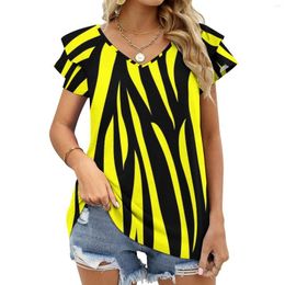 Camisetas femininas Padrão de impressão de zebra amarelo Camisa de manga curta Mulheres de verão V Tee de pescoço preto e amantes