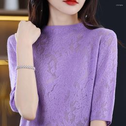 Women's T Shirts Summer Thin Tops Fashion Hollow T-Shirt Female Pullover Tees Short Sleeve Half Turtleneck Wool Mixed Worsted Sweater Top