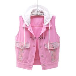 Women's Vests Denim Vest Women's Thin Spring Summer Clothes Lace Embroidered Pocket Short Female Pink Waistcoat With Detachable Hat Waistcoat HKD230812