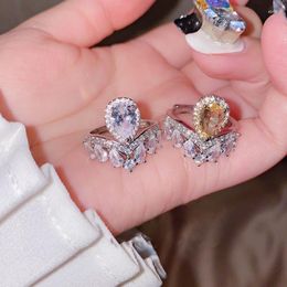 Cluster Rings 2023 Luxury Fashion Silver Colour White Yellow Zircon Engagement Wedding Eternity Ring Bling Crystal For Women