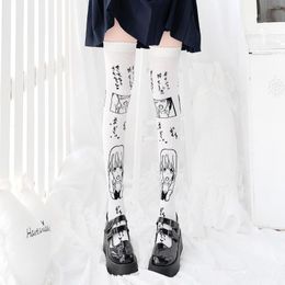 Women Socks Kawaii Anime Cartoon Printed Stockings Harajuku Lolita Gothic Girls Long White Over Knee Japanese Style Thigh High