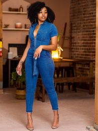 Women's Jumpsuits Rompers Denim Jumpsuits Overalls for Women Polo Collar Zipper Short Sleeves Bodysuit Summer Small Leg pants Skinny Jeans Female Jumpsuit 230811