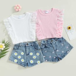 Clothing Sets Toddler Kids Baby Girls Summer Outfit Sets White Sleeve Ribbed Tops Daisy Print Denim Shorts